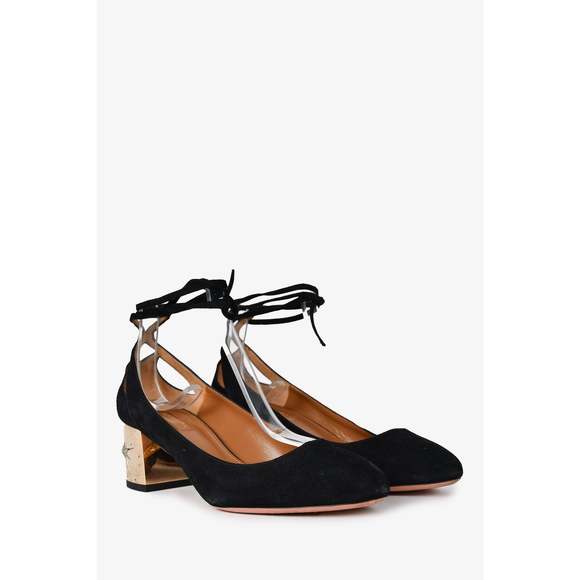 Aquazzura Black/Gold Suede Strappy Round Toe Block Heels Size 37 - Picture 2 of 3